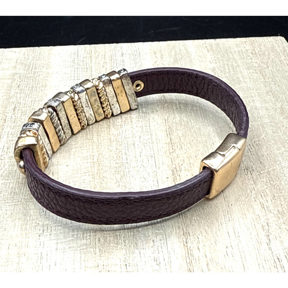 Slide Bracelet 7" Gold Silver Tone Crystal Charms Magnetic Purple Band Bangle - Picture 2 of 9